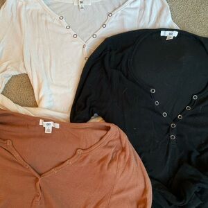 BP Women's V-Neck Button Blouses - Black, White, Brown